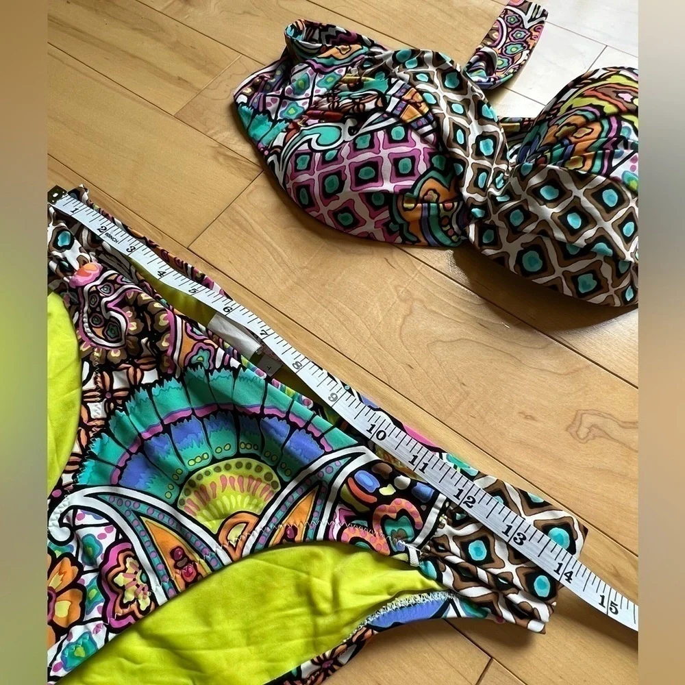 Trina Turk bright multicolor patterned strapless two-piece bikini swimsuit
